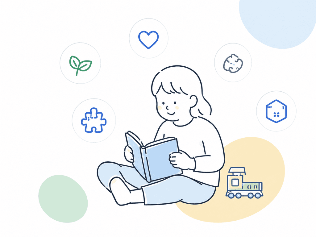 絵本を読む子どもと、興味を表すアイコンのイラスト
